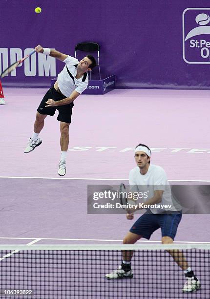 Daniele Bracciali and Potito Starace of Italy in action during final match of the International Tennis Tournamen St. Petersburg Open 2010 match...