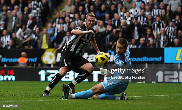 Newcastle player Kevin Nolan right scores the second goal during the Barclays Premier League match between Newcastle United and Sunderland at St...