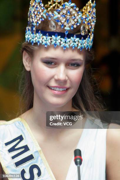 The 60th Miss World crown winner Alexandria Mills of the United States is intervewed during a press conference at the Crowne Plaza Sanya on October...