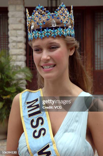The 60th Miss World crown winner Alexandria Mills of the United States is intervewed during a press conference at the Crowne Plaza Sanya on October...