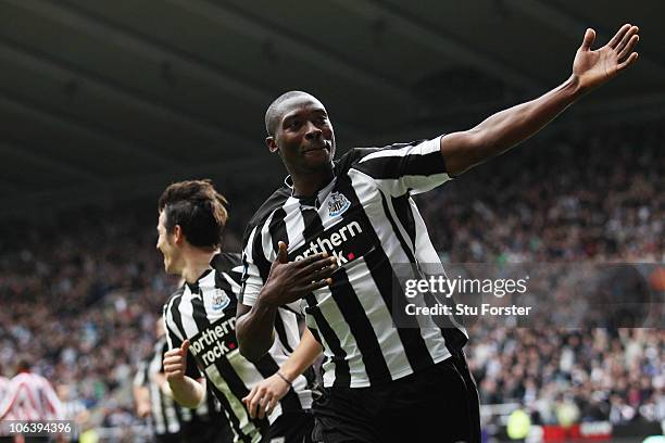 Shola Ameobi of Newcastle celebrates the third goal during the Barclays Premier League match between Newcastle United and Sunderland at St James'...