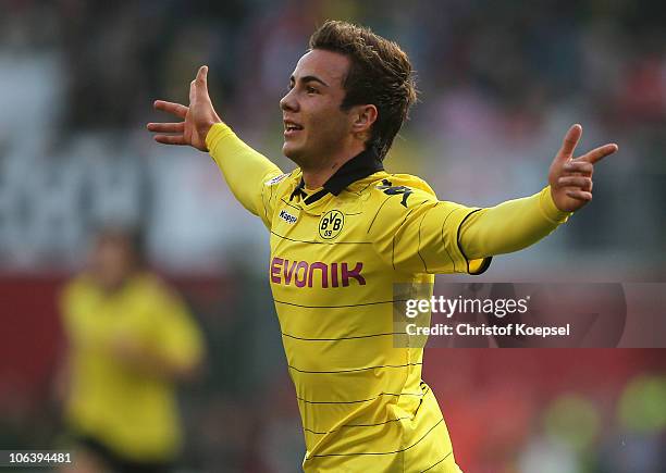 Mario Goetze of Dortmund celebrates the first goal during the Bundesliga match between FSV Mainz 05 and Borussia Dortmund at Bruchweg Stadium on...