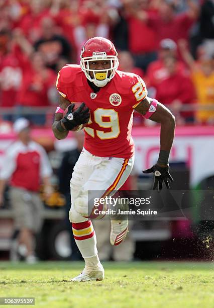 Safety Eric Berry of the Kansas City Chiefs carries the ball after making an interception during the game against the Jacksonville Jaguars on October...