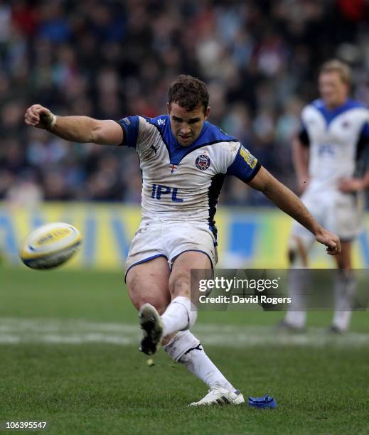 Olly Barkley of Bath kicks a penalty during the Aviva Premiership match between Harlequins and Bath at the Stoop on October 31, 2010 in Twickenham,...