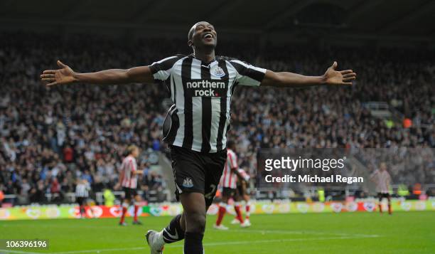 Shola Ameobi of Newcastle celebrates scoring to make it 4-0 during the Barclays Premier League match between Newcastle United and Sunderland at St...
