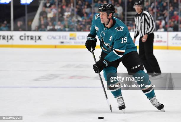 Joe Thornton of the San Jose Sharks skates ahead with the puck against the Edmonton Oilers at SAP Center on November 20, 2018 in San Jose, California