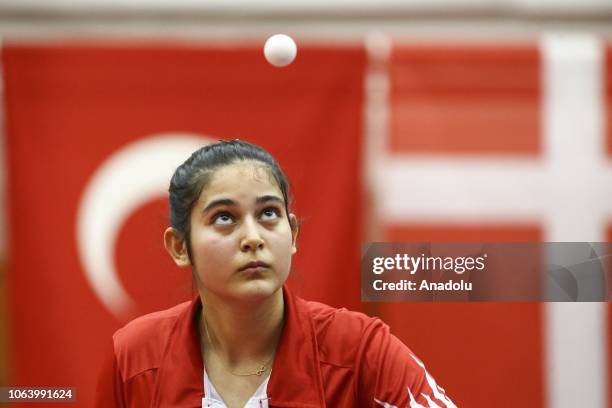 Betul Nur Kahraman of Turkey in action against Mie Skov of Denmark during women's singles table tennis match on last day of B2 Group within the 2019...