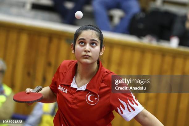 Betul Nur Kahraman of Turkey in action against Mie Skov of Denmark during women's singles table tennis match on last day of B2 Group within the 2019...