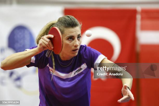 Mie Skov of Denmark in action against Betul Nur Kahraman of Turkey during women's singles table tennis match on last day of B2 Group within the 2019...