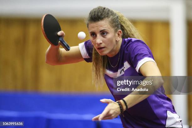 Mie Skov of Denmark in action against Betul Nur Kahraman of Turkey during women's singles table tennis match on last day of B2 Group within the 2019...