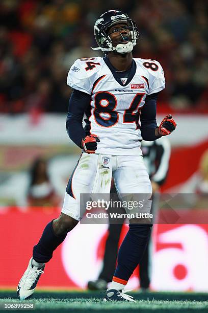 Brandon Lloyd of Denver Broncos celebrates a successful play during the NFL International Series match between Denver Broncos and San Francisco 49ers...