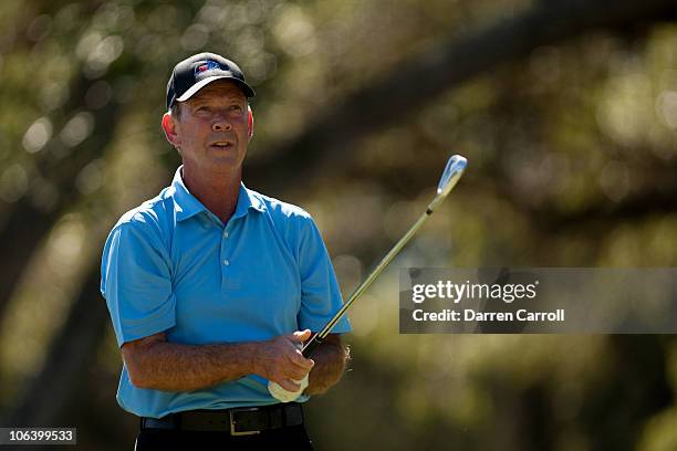 Larry Nelson watched a tee shot during the final round of the AT&T Championship at Oak Hills Country Club on October 31, 2010 in San Antonio, Texas.