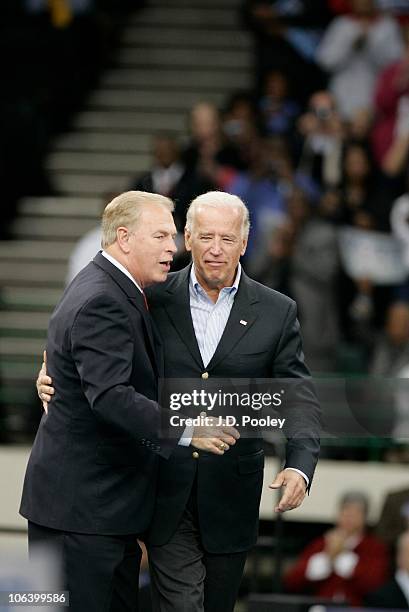 Ohio Gov. Ted Strickland and U.S. Vice President Joe Biden embrace during the president's 'Moving America Forward' rally October 31, 2010 at...