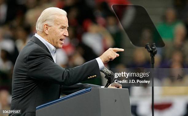 Vice President Joe Biden speaks to supporters during the president's 'Moving America Forward' rally October 31, 2010 at Cleveland State University's...