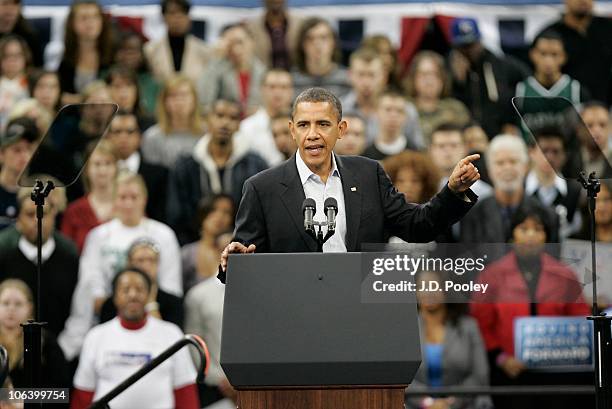 President Barack Obama speaks to supporters during the president's 'Moving America Forward' rally October 31, 2010 at Cleveland State University's...