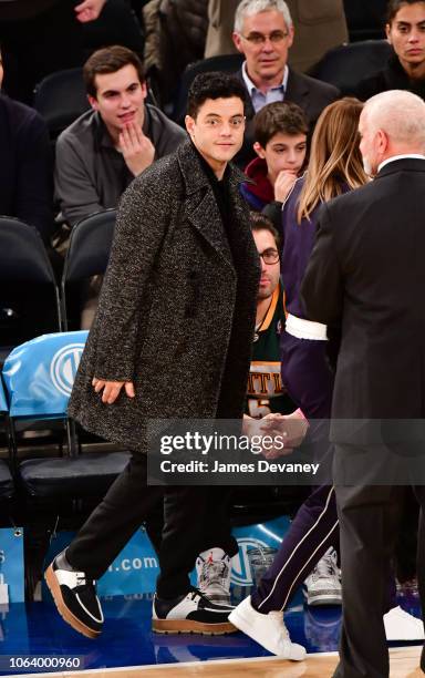 Rami Malek attends the Portland Trail Blazers vs New York Knicks game at Madison Square Garden on November 20, 2018 in New York City.