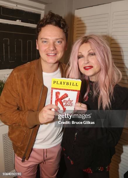 Conor Maynard and Composer of "Kinky Boots" Cyndi Lauper pose backstage at the hit musical "Kinky Boots" on Broadway at The Hirshfeld Theater on...
