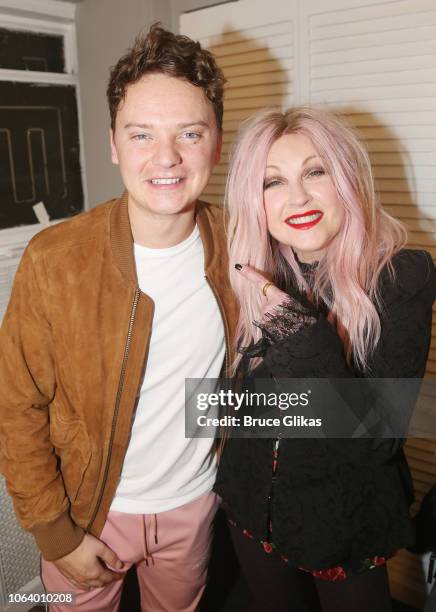 Conor Maynard and Composer of "Kinky Boots" Cyndi Lauper pose backstage at the hit musical "Kinky Boots" on Broadway at The Hirshfeld Theater on...