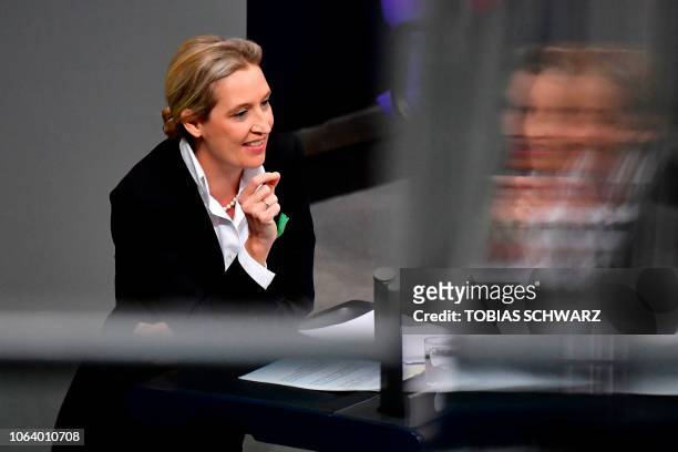 Alice Weidel, parliamentary group co-leader of the far-right, anti-immigration AfD party , gives a speech during a debate on the budget at the...