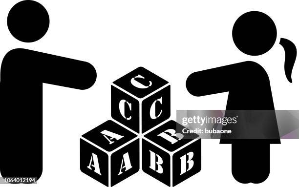two children playing letter blocks icon with long shadow - child building blocks stock illustrations