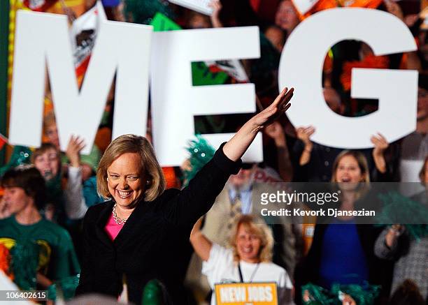 California Republican gubernatorial candidate and former eBay CEO Meg Whitman waves at supporters during a campaign event on October 31, 2010 in...