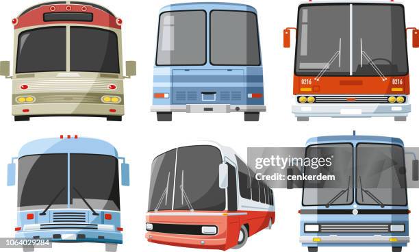 ilustraciones, imágenes clip art, dibujos animados e iconos de stock de conjunto vintage de autobús - bus