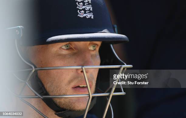 England captain Joe Root looks on whilst waiting to bat during England Nets ahead of the 3rd Test Match at the SSC cricket ground on November 21,...