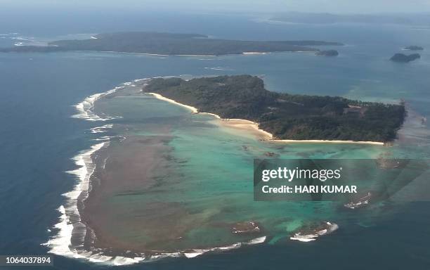 This aerial photograph taken on September 22, 2018 shows Boat Island in the Andaman Islands, a remote Indian archipelago in the Bay of Bengal.