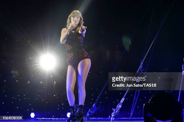 Taylor Swift performs at Taylor Swift reputation Stadium Tour in Japan presented by Fujifilm instax at Tokyo Dome on November 21, 2018 in Tokyo,...