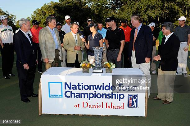 Commissioner Tim Finchem, center, is interviewed on the Golf Channel during the awards ceremony of the Nationwide Tour Championship at Daniel Island...
