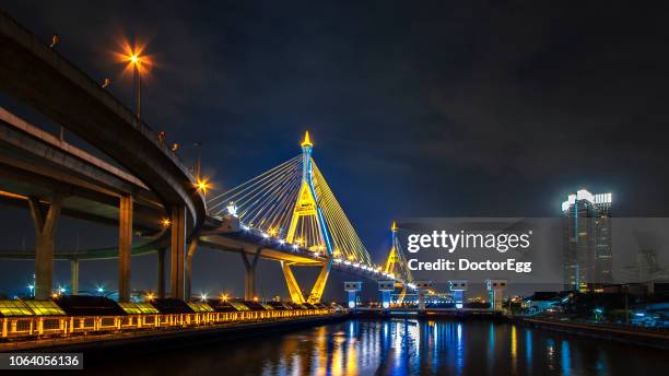 bhumibhol bridge illumination on father day near chao phraya river, central of bangkok, thailand - chai tea stock pictures, royalty-free photos & images