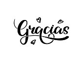 Gracias. Thank you hand drawn lettering in spanish language with hearts. Modern brush calligraphy with design elements. Logo or emblem for invitation, greeting card, t-shirt.