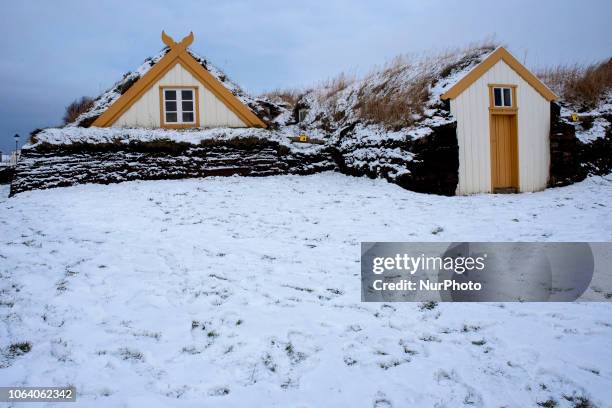 Detail of the typical houses with grass roof, covered with snow, in which you can appreciate its white and yellow color in the farm of Glaumbær .