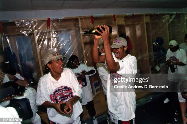 The Houston Comets celebrate during Game Three of the 1998 WNBA Finals on September 1, 1998 at the Compaq Center in Houston, Texas. NOTE TO USER:...