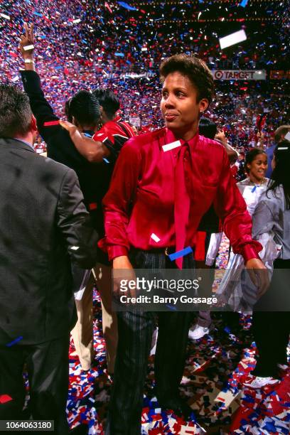 Phoenix Mercury head coach Cheryl Miller looks on during Game Three of the 1998 WNBA Finals on September 1, 1998 at the Compaq Center in Houston,...