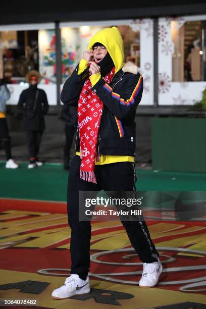 Bad Bunny performs during Day 2 of the 2018 Macy's Thanksgiving Day Parade Rehearsals at Macy's Herald Square on November 20, 2018 in New York City.