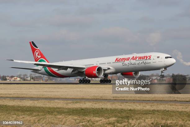 Kenya Airways Boeing 777-300 landing at Amsterdam Schiphol Airport in The Netherlands. Kenya Airways connects Amsterdam to Jomo Kenyatta...