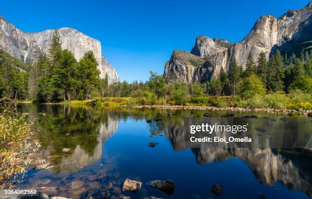 reflexión de río del parque nacional de yosemite. california. estados unidos - ribera característica de la tierra fotografías e imágenes de stock
