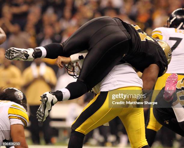 Will Smith of the New Orleans Saints sacks Ben Roethlisberger the Pittsburgh Steelers at the Louisiana Superdome on October 31, 2010 in New Orleans,...