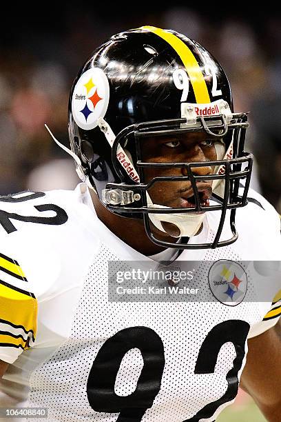 James Harrison of the Pittsburgh Steelers is seen before the game against the New Orleans Saints at Louisiana Superdome on October 31, 2010 in New...