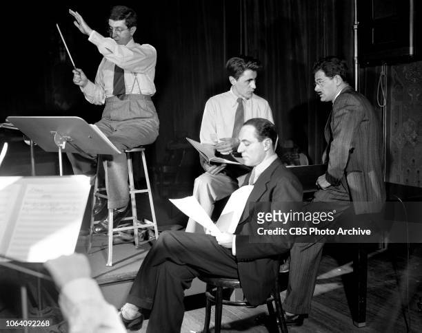 An American in Russia, a CBS Radio documentary drama series. Pictured from left is Bernard Herrmann , Guy della Cioppa , Larry LeSueur , Norman...