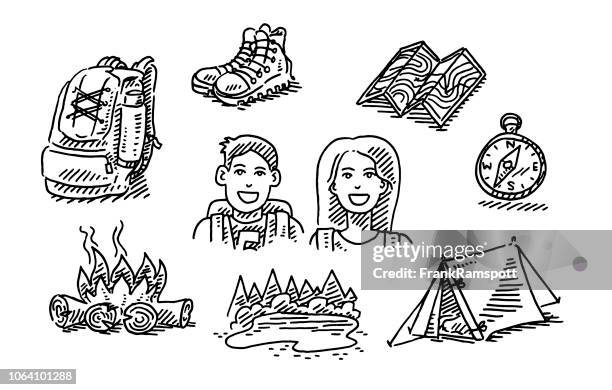 stockillustraties, clipart, cartoons en iconen met paar wandelen trip vakantie pictogrammenset tekening - shoes man