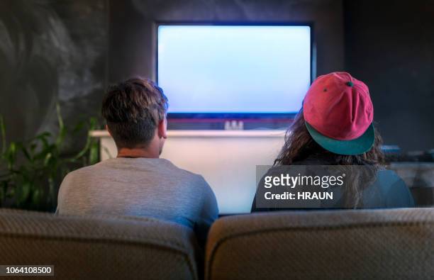 young men playing video game on television at home - watching tv rear view stock pictures, royalty-free photos & images