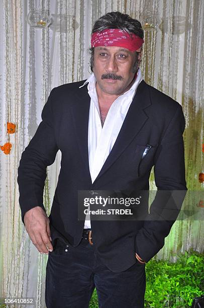 Indian Bollywood actor Jackie Shroff poses during newly wed Vivek Oberoi and Priyanka Alva's reception party late night October 31, 2010 in Mumbai....