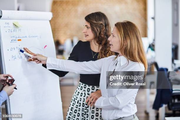 businesswomen working at flipchart in office together - rotafolio fotografías e imágenes de stock