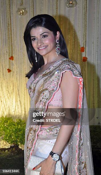 Indian Bollywood actress Prachi Desai attends newly wed Vivek Oberoi and Priyanka Alva's reception party late night October 31, 2010 in Mumbai. AFP...