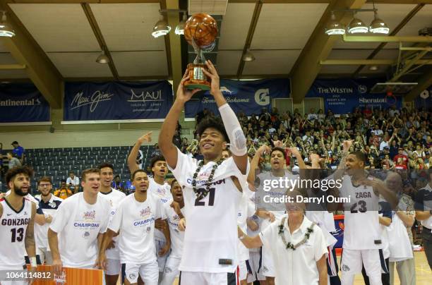 Rui Hachimura of the Gonzaga Bulldogs holds up the tournament MVP trophy after the 2018 Maui Invitational at the Lahaina Civic Center on November 21,...