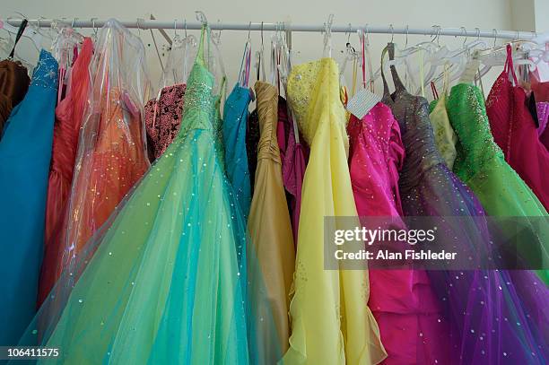 colorful prom gowns - rack stock pictures, royalty-free photos & images