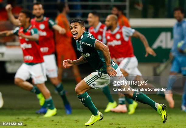 Dudu of Palmeiras celebrates after scoring the third goal of his team during the match against America MG for the Brasileirao Series A 2018 at...