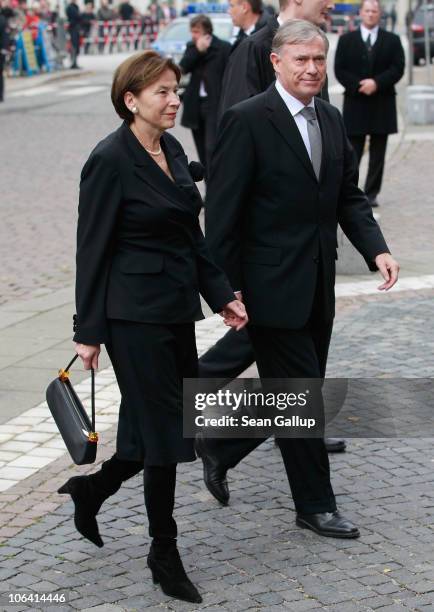 Former German President Horst Koehler and his wife Eva Luise Koehler arrive for the memorial service for Loki Schmidt, wife of former German...